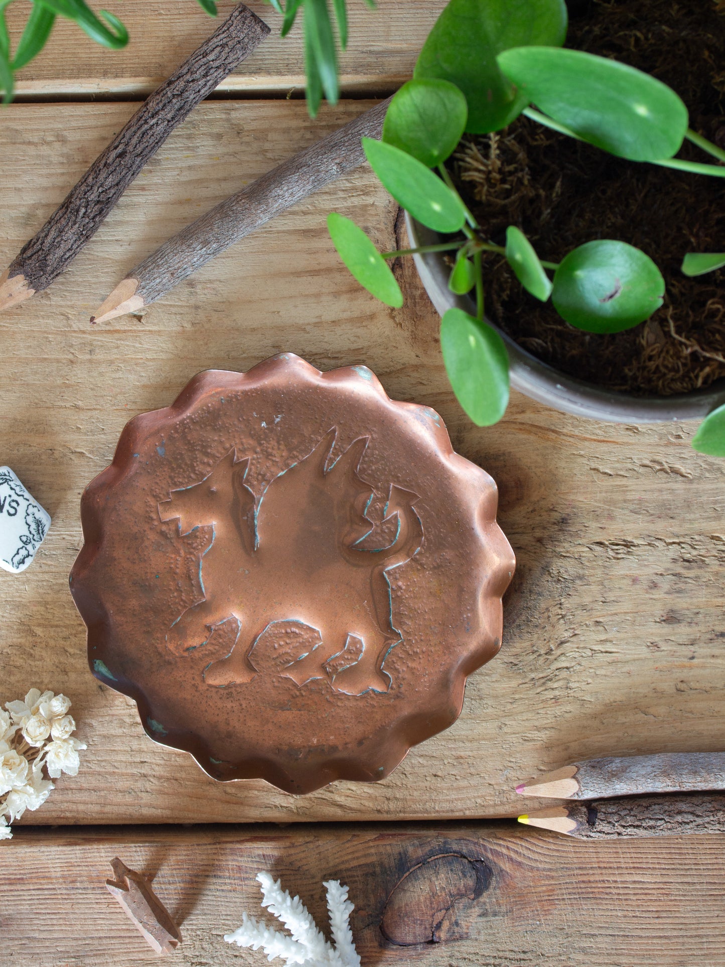Vintage Folk Art Copper Welsh Dragon Dish