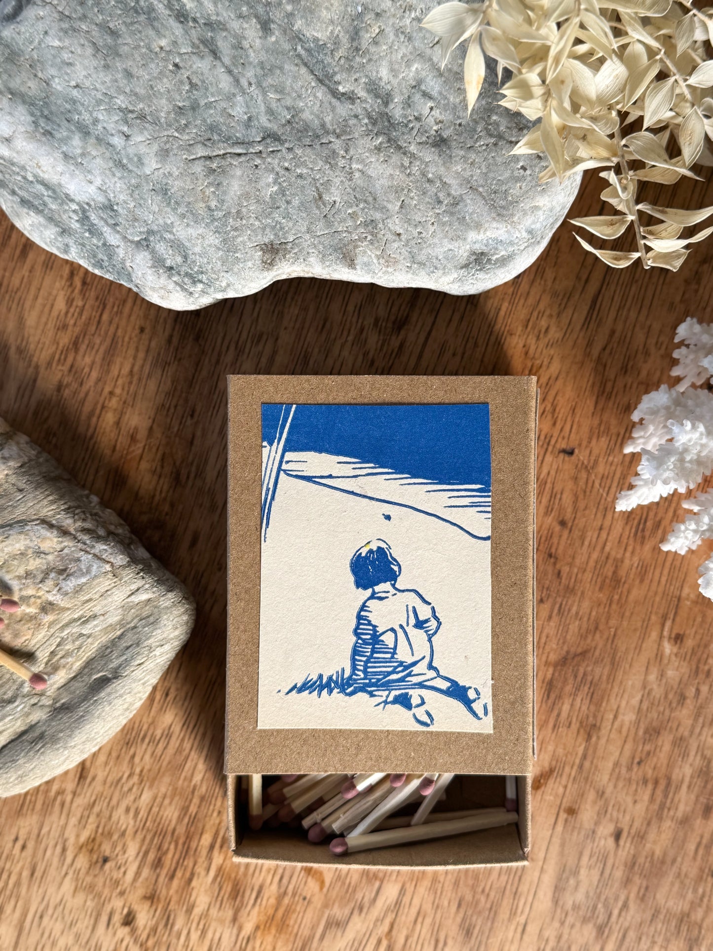 Large Handmade Vintage Illustration Match Box with Safety Matches • Little Girl by The Sea