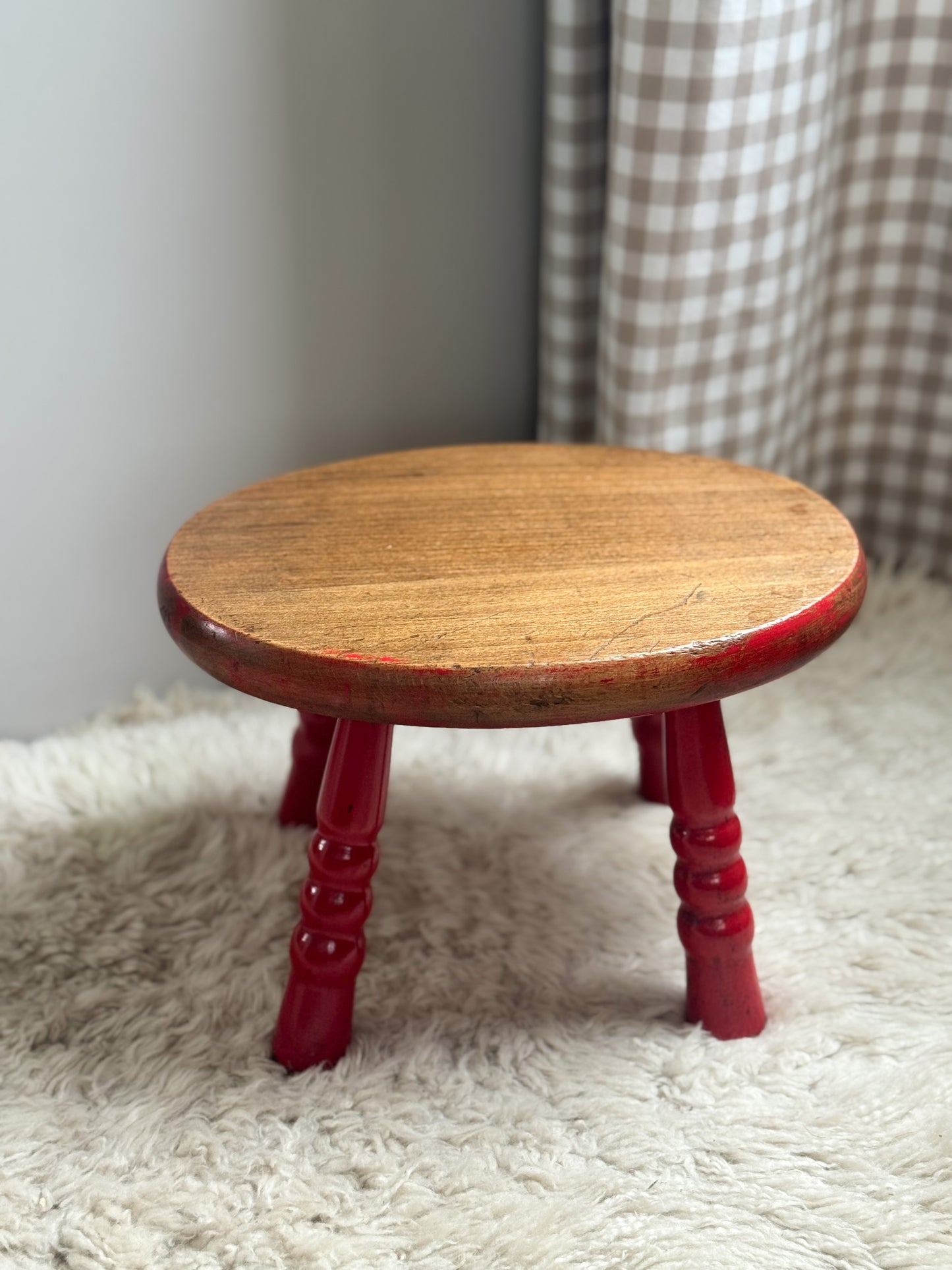 Vintage Midcentury Red Painted Handmade Wooden Stool - Made in Yugoslavia