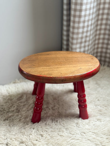 Vintage Midcentury Red Painted Handmade Wooden Stool - Made in Yugoslavia