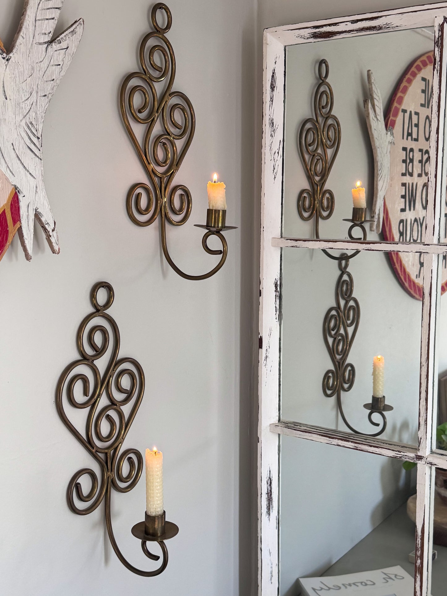 Vintage Solid Brass Swirl Wall Sconces - Pair of Ornate Scroll Candle Holders