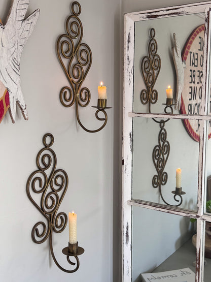 Vintage Solid Brass Swirl Wall Sconces - Pair of Ornate Scroll Candle Holders