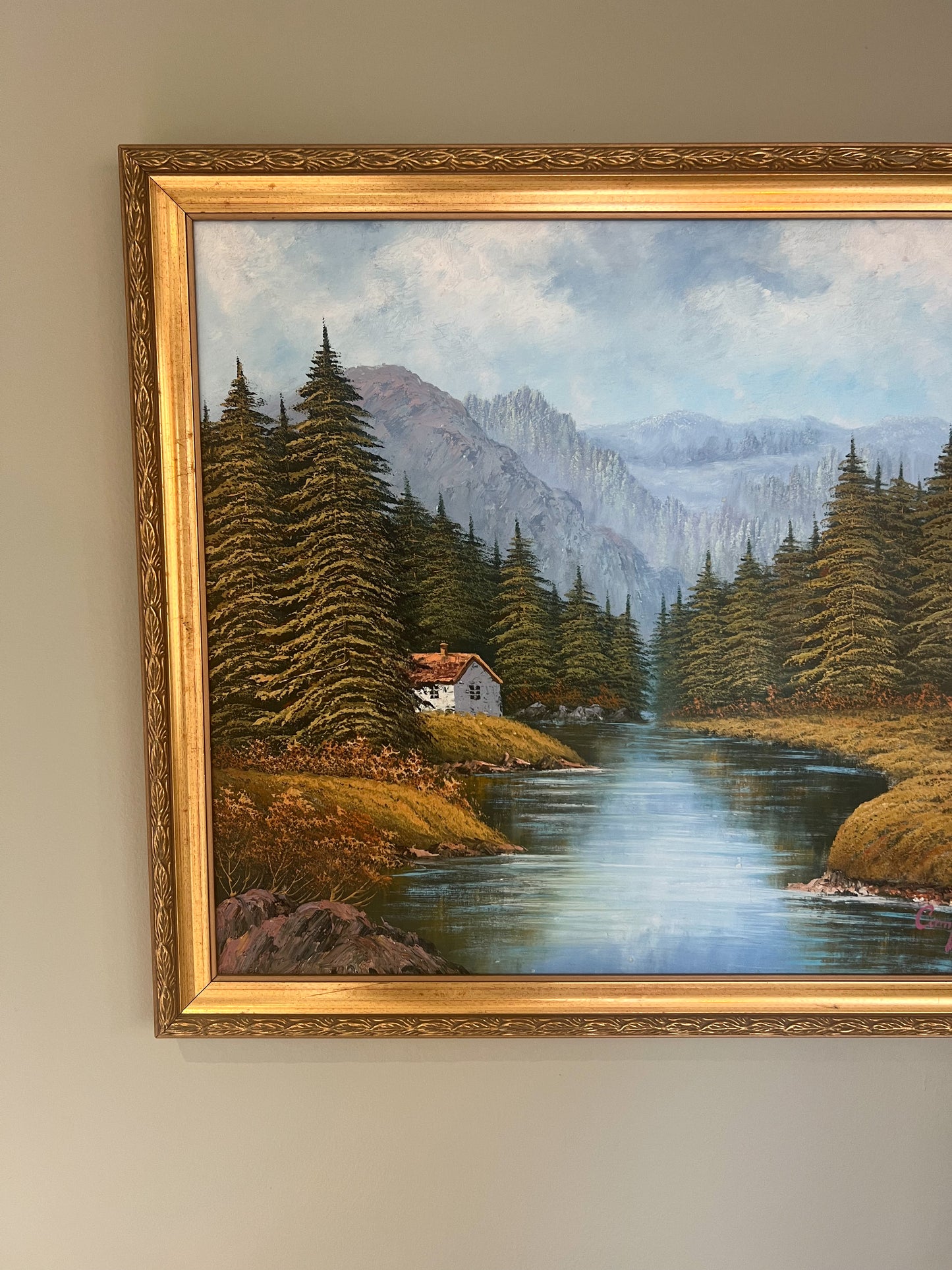 Framed Oil on Canvas, Riverside Cottage, Signed Campbell