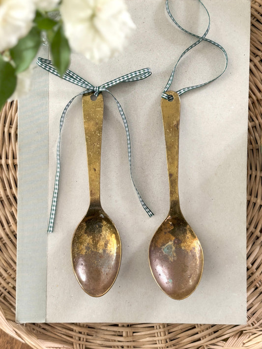 Pair of Aged Solid Brass Serving Spoons