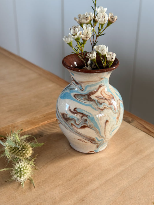 Vintage Studio Pottery Marbled Bud Vase in Blue, Cream & Brown