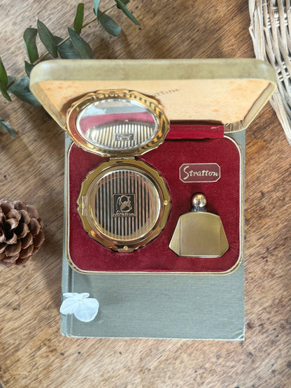 Vintage 1950s Stratton Brass Perfume Bottle & Compact Set | Vanity Set, Un-used & In Original Box