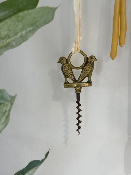 Vintage Solid Brass Birds Corkscrew with Recycled Silk Sari Ribbon