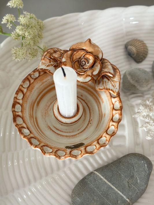 Vintage Studio Pottery Rose Candle Holder, Charlestown Pottery, Cornwall