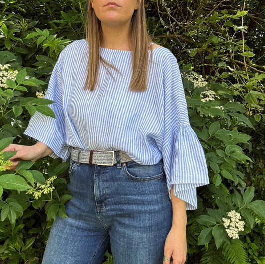 GANT Blue & White Striped Linen Top, Size 16