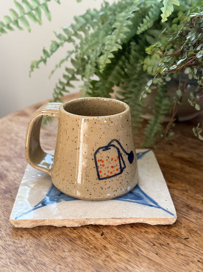Studio Pottery Teabag Mug, Hand-Painted with Speckled Glaze