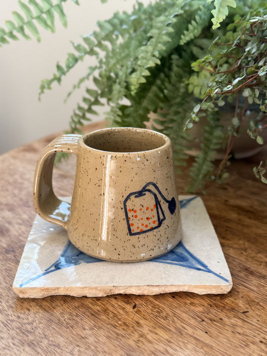 Studio Pottery Teabag Mug, Hand-Painted with Speckled Glaze