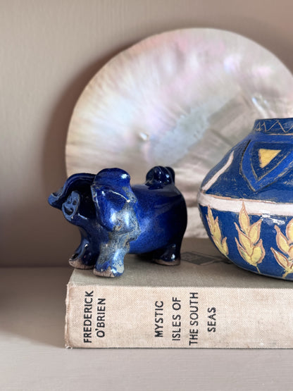 Vintage Studio Pottery Folk Art Pig Figure in Cobalt Blue Glaze