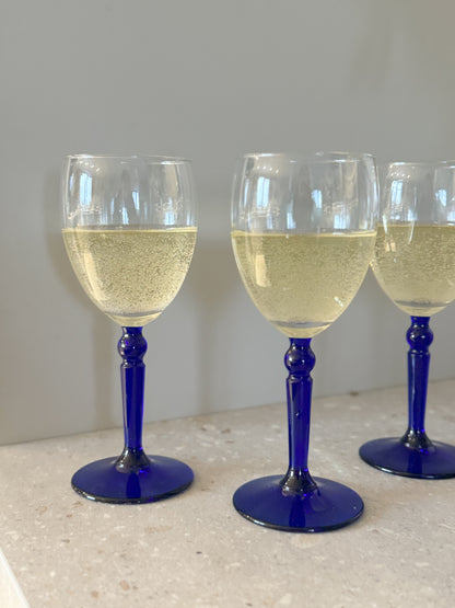 Vintage Handblown Cobalt Blue Stem Wine Glasses | Set of 4