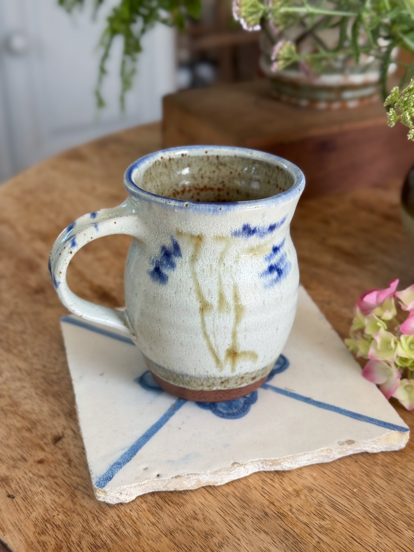 Vintage Studio Pottery Mug, Painterly Blue Florals & Earthy Speckled Glaze
