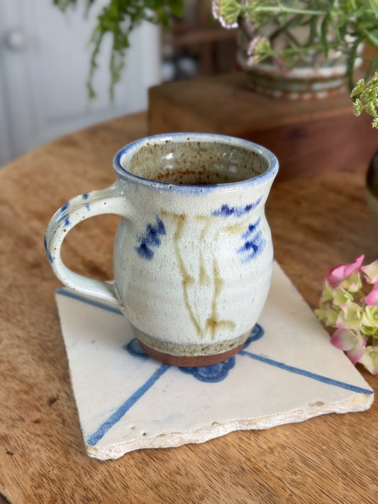 Vintage Studio Pottery Mug, Painterly Blue Florals & Earthy Speckled Glaze