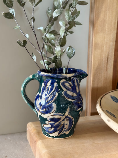 Vintage Studio Pottery Slipware Oak Leaf Jug in Blue & Green