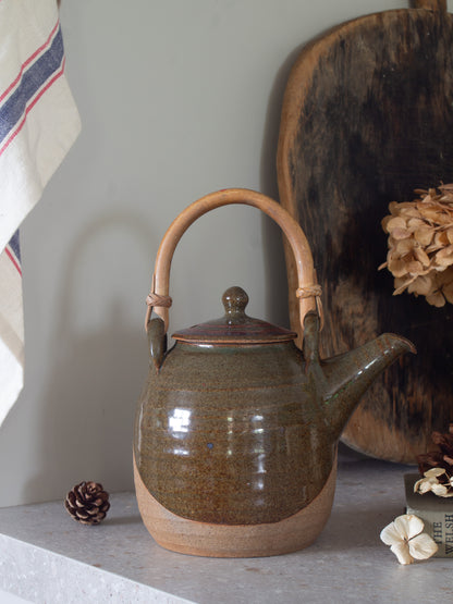 Vintage Olive Green Studio Pottery Teapot with Bamboo Handle