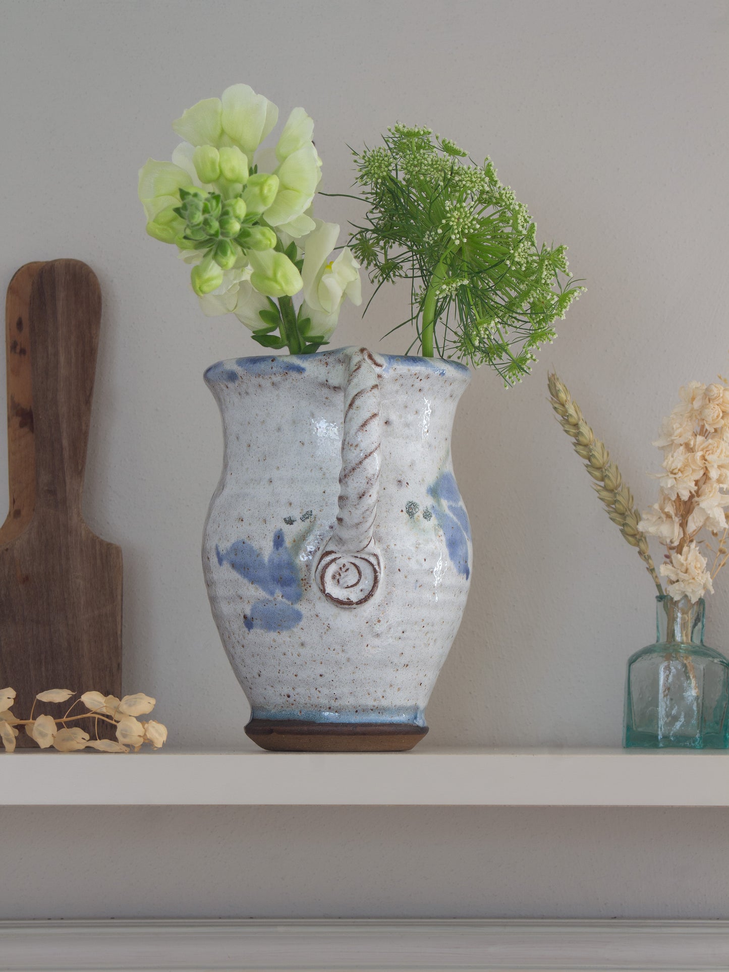 Vintage Studio Pottery Blue & White Sculptural Jug with Roped Handle & Botanical Seal