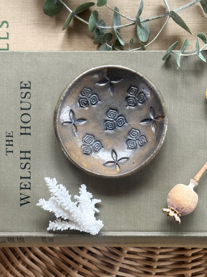 Studio Pottery Trinket Dish with Impressed Floral Design by Hearth Pottery, Yorkshire