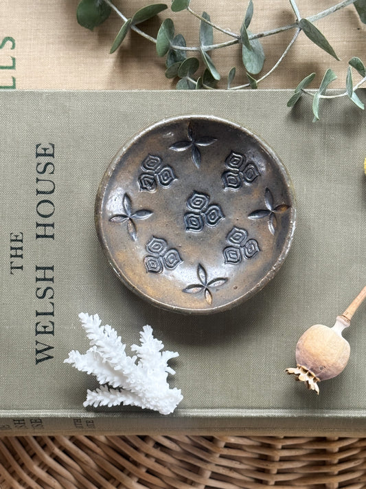 Studio Pottery Trinket Dish with Impressed Floral Design by Hearth Pottery, Yorkshire