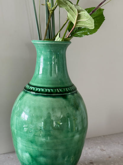 Large Welsh Studio Pottery Green Glazed Vase • Signed Welsh Folk Art