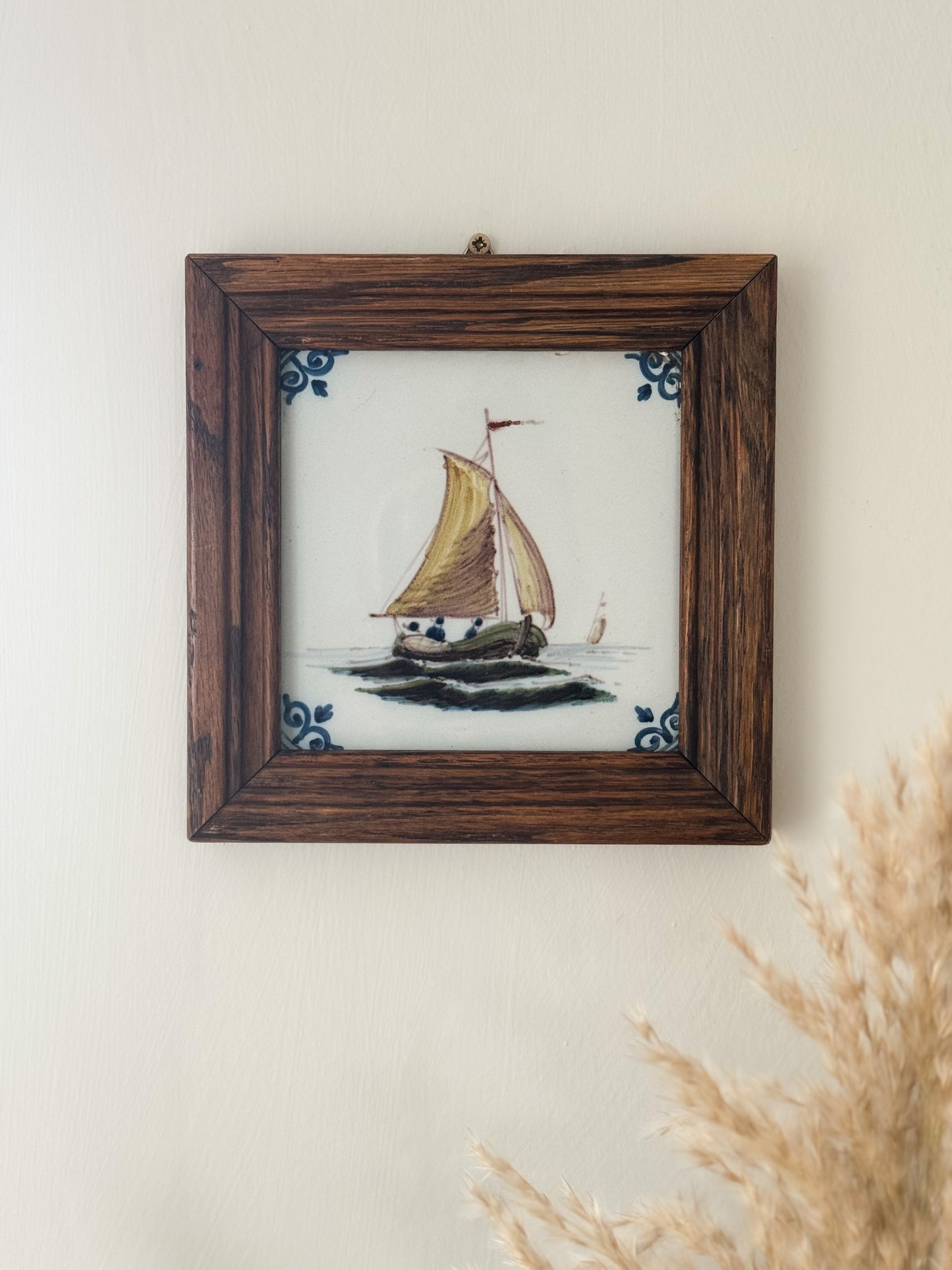 Vintage Framed Dutch Ceramic Tichelaars Royal Makkumer Pottery Tile | Sailing Boat