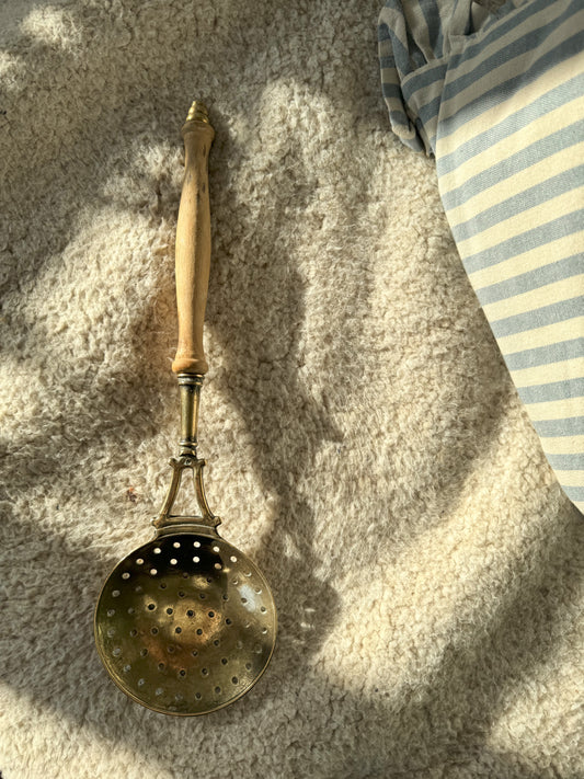 Antique Brass & Wood Large Slotted Ladle