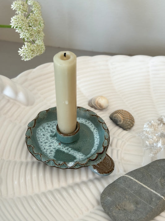 Vintage Orkney Pottery Chamberstick, Scalloped Edge & Sea Blue Glaze