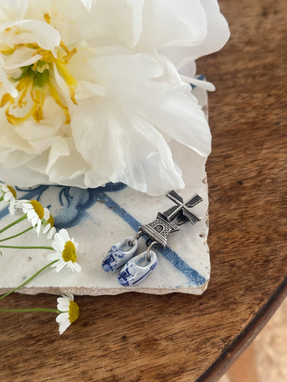 Vintage Silver-Plated Windmill Brooch with Ceramic Delft Clogs