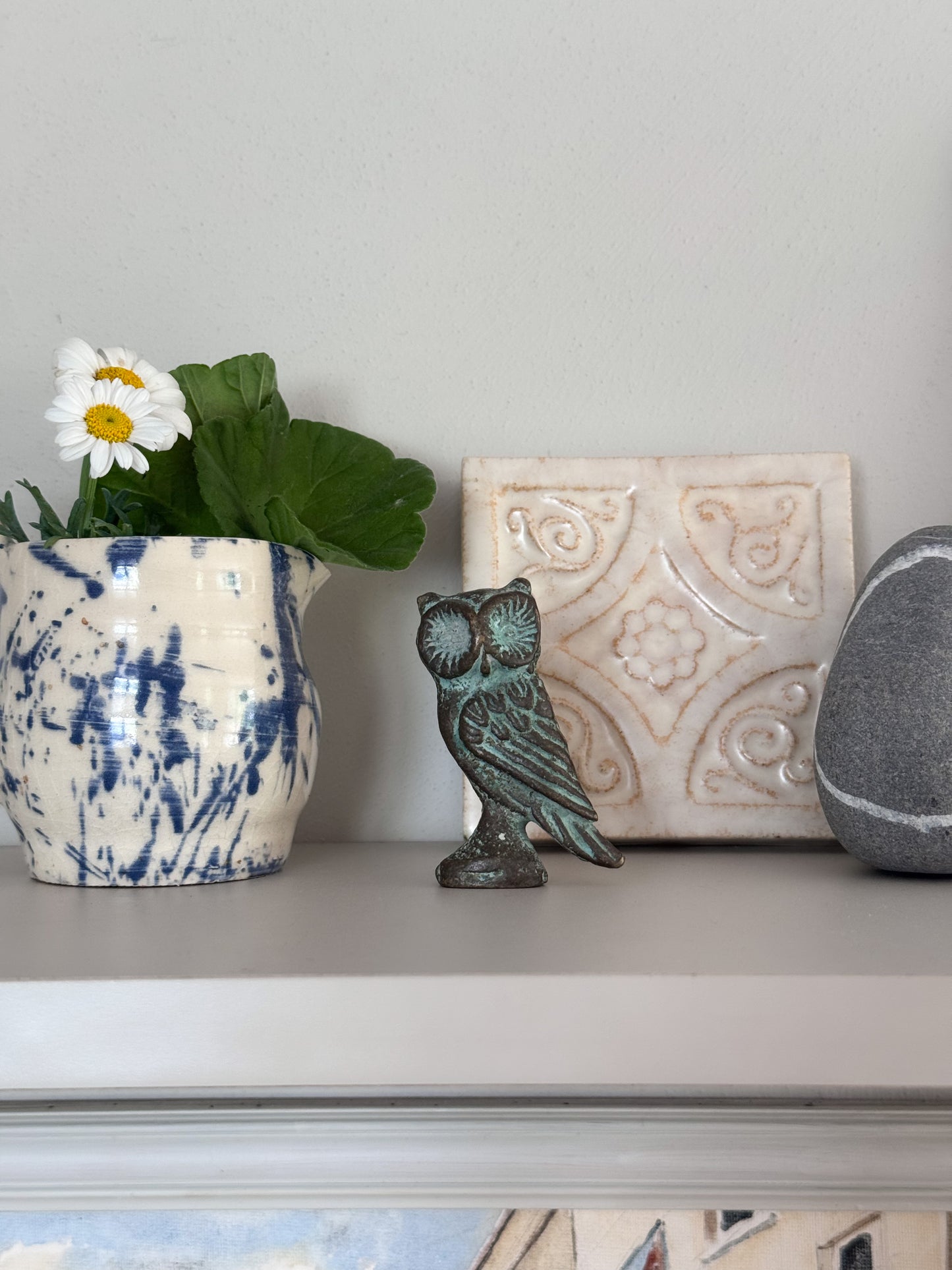 Vintage Miniature Brass Owl Figurine with Verdigris