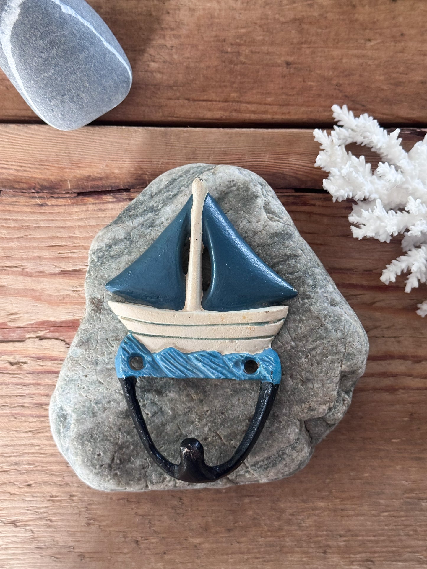 Vintage Hand-Painted Cast Iron Sailing Boat Wall Hook