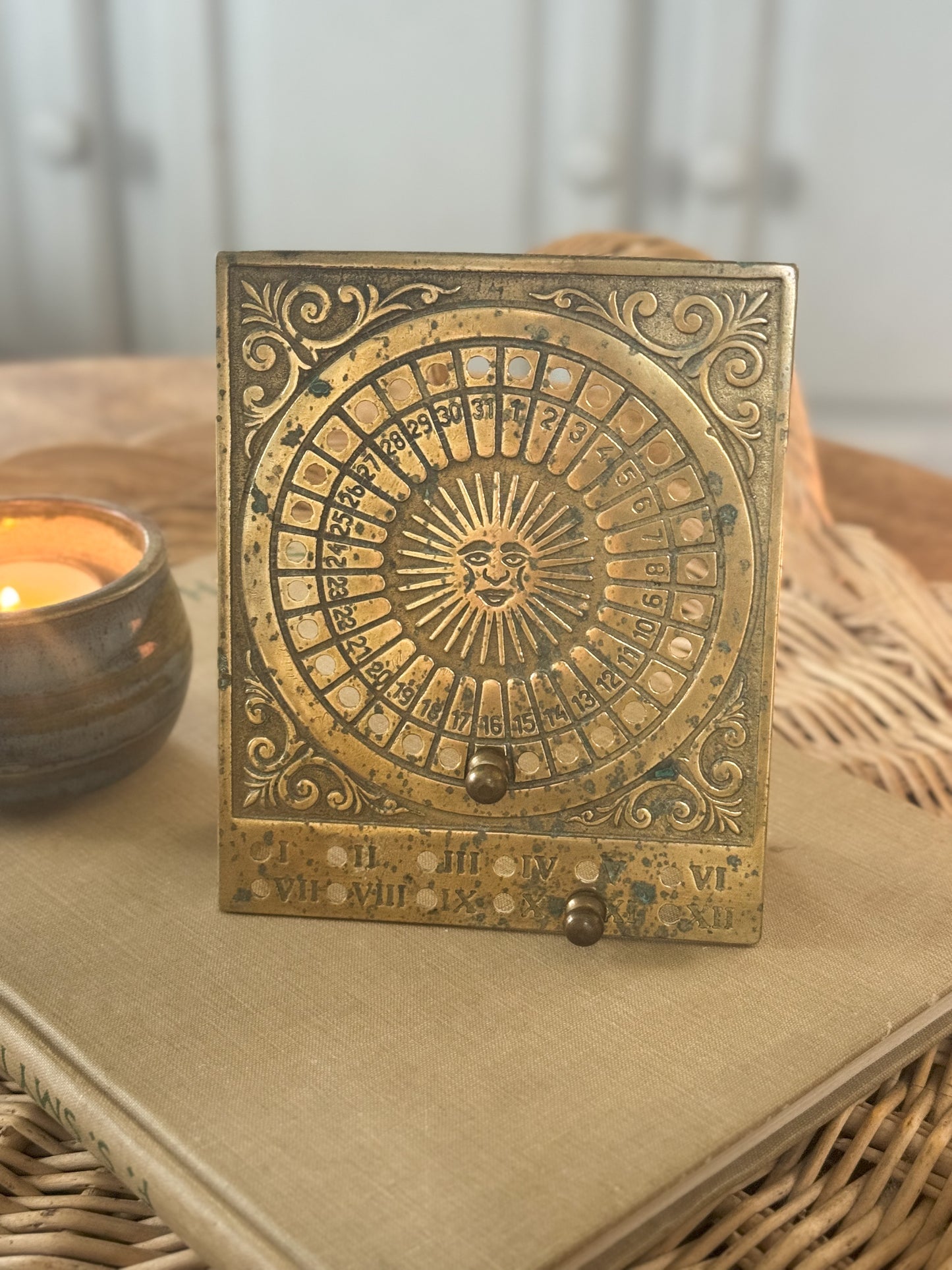 Vintage Brass Sun Perpetual Calendar with Brass Pins