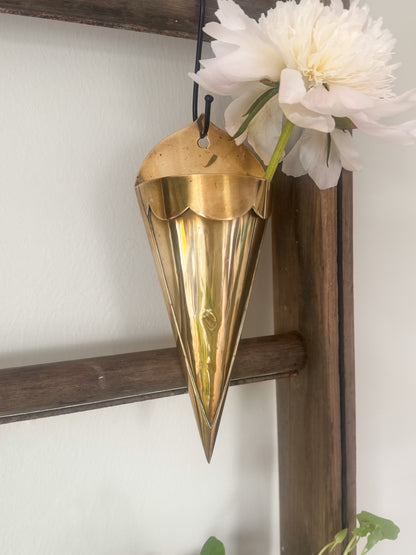 Antique Handmade Solid Brass Scalloped Edge Wall Pocket