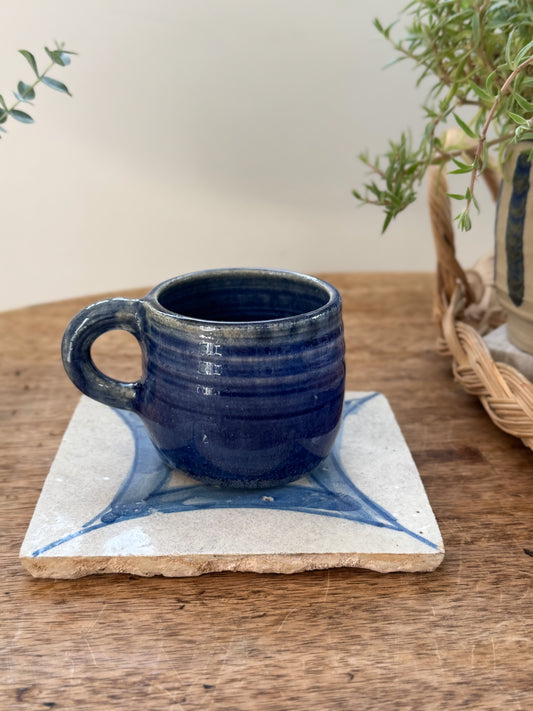 Vintage Studio Pottery Flat White Mug - Deep Blue Glaze