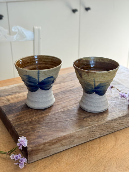 Pair of Vintage Hand-Thrown Studio Pottery Beakers - Indigo Brushwork