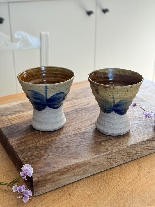 Pair of Vintage Hand-Thrown Studio Pottery Beakers - Indigo Brushwork