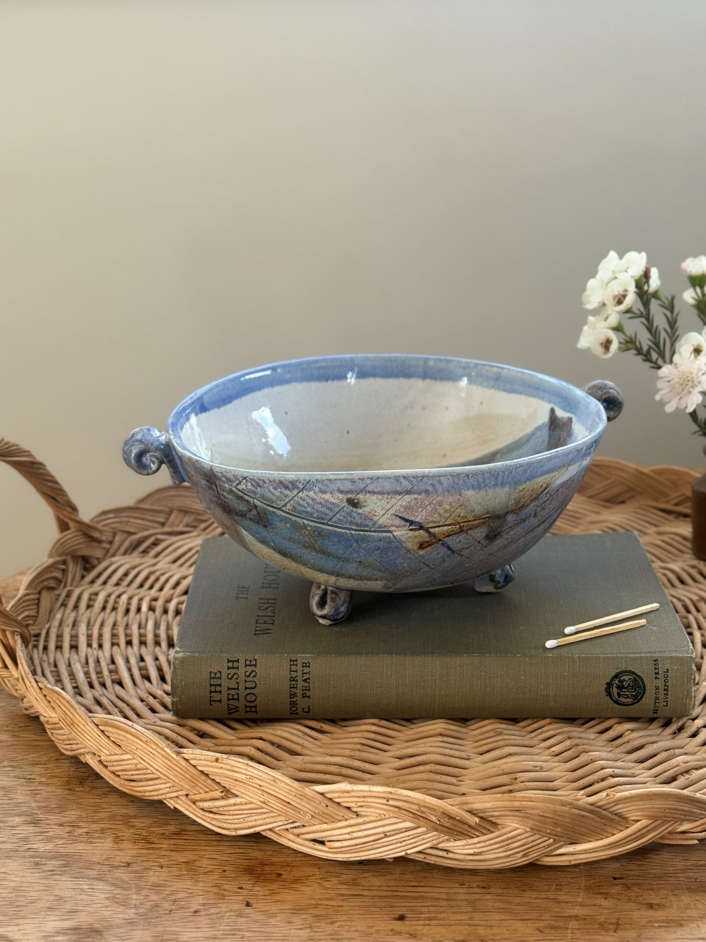 Vintage Abstract Blue Studio Pottery Footed Bowl - Signed AJ