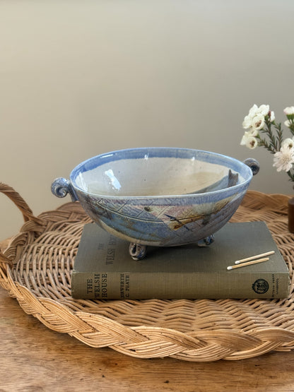 Vintage Abstract Blue Studio Pottery Footed Bowl - Signed AJ