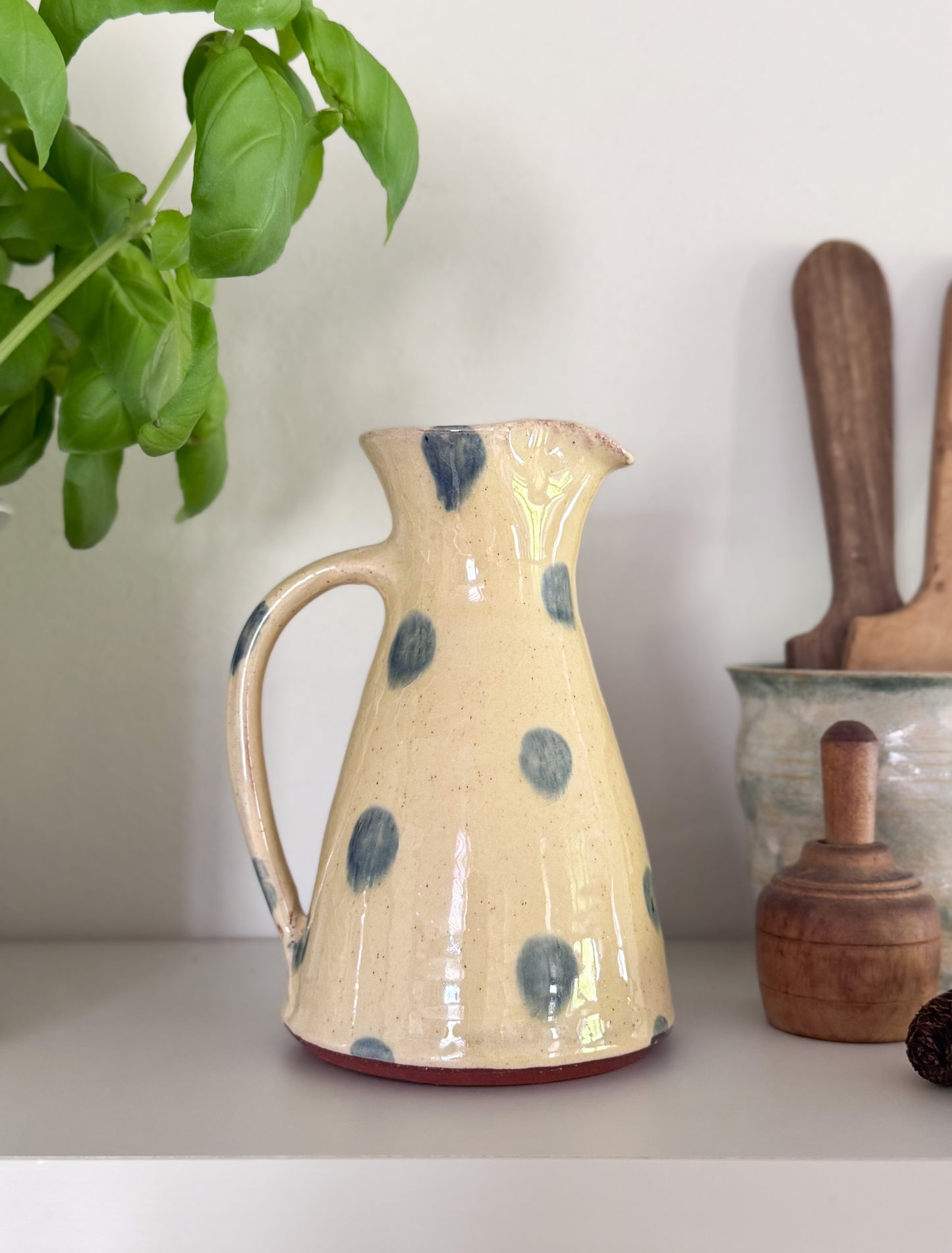Vintage Cream & Blue Polka Dot Slipware Jug