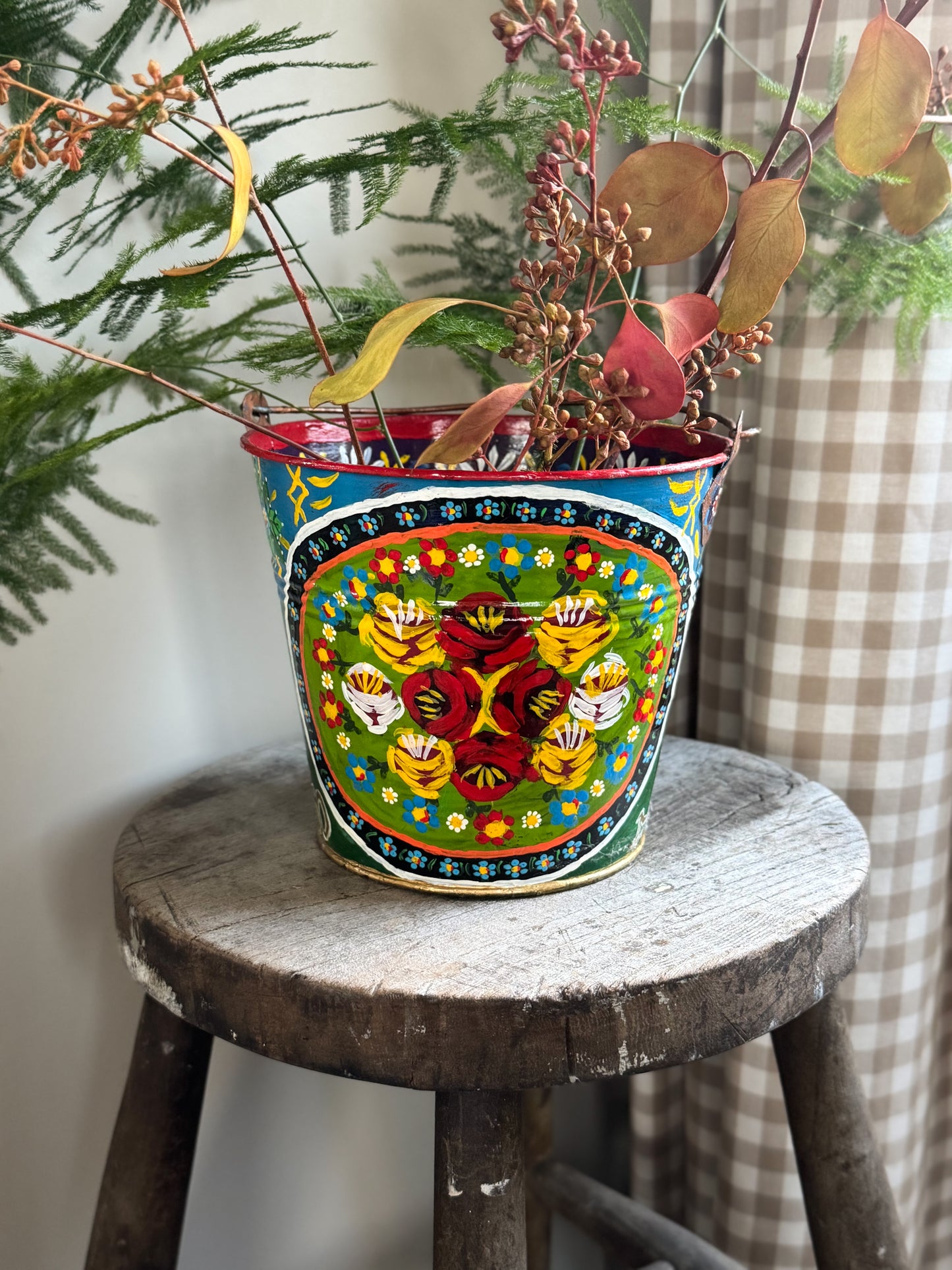 Vintage Hand-Painted Toleware Bucket - Folk Art Treasure