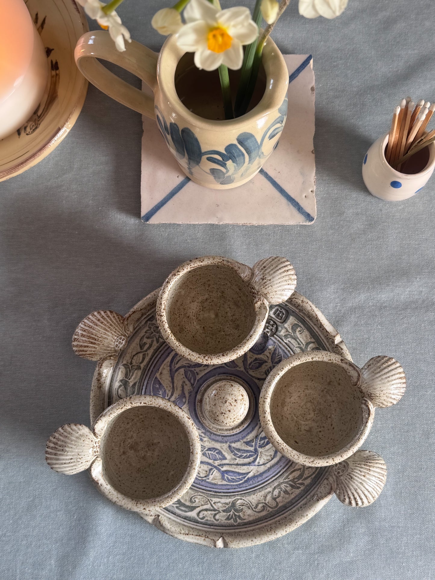 Very Rare Studio Pottery Scalloped Shell Cruet Set by Mike Goddard, Manningtree Pottery