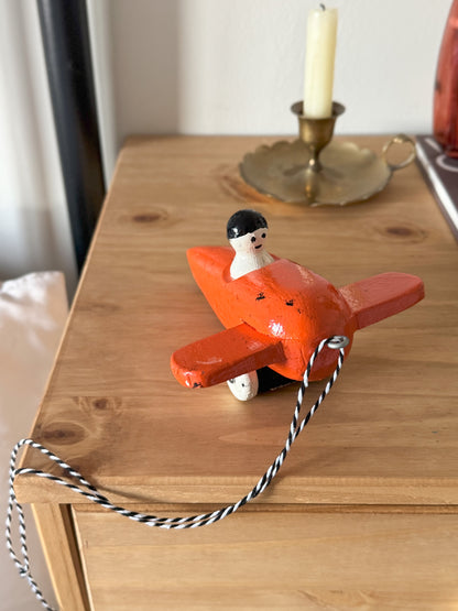 Vintage Midcentury Folk Art Wooden Pull Along Aeroplane