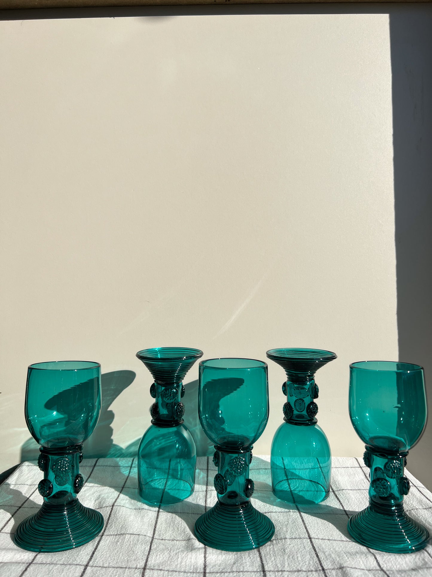 Antique c1820 German Rhenish  Römer Turquoise Wine Goblets (Set of 5)