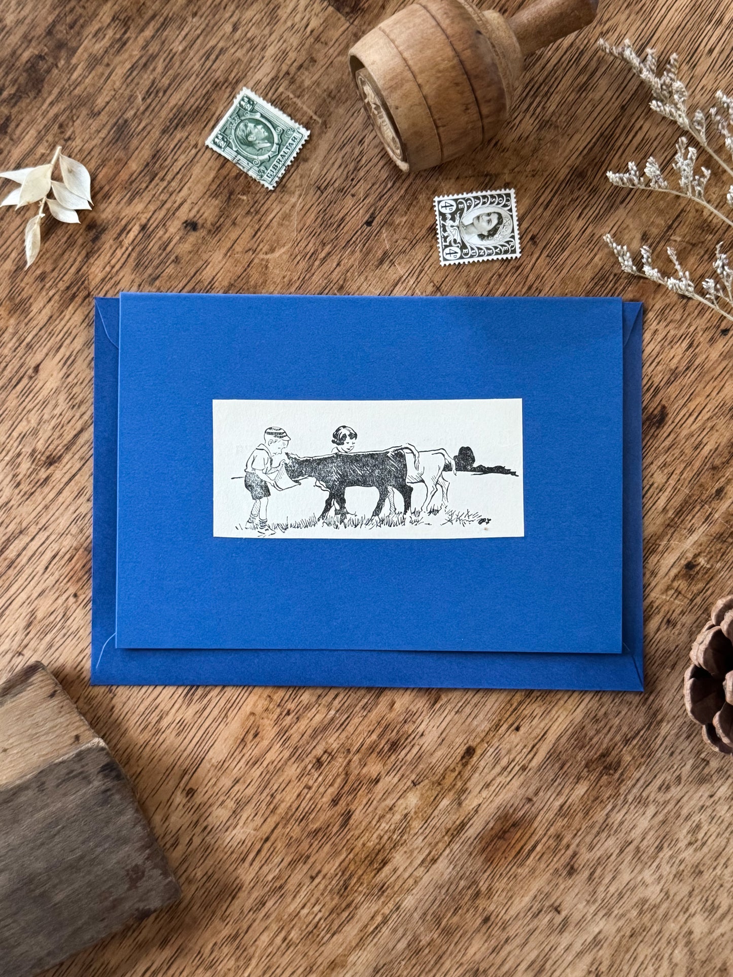 Handmade Hiraeth Vintage Illustration Greeting Card ‘Feeding The Cows’ • A6