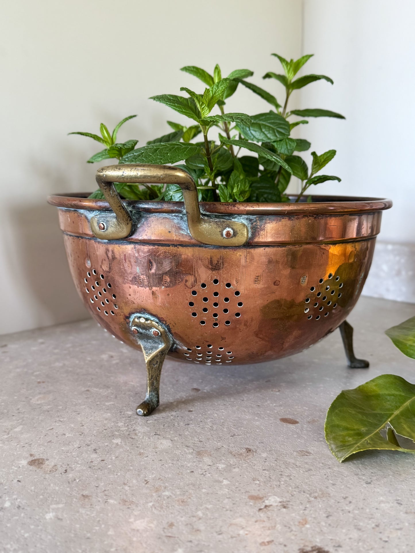 Antique French Copper Colander with Brass Feet
