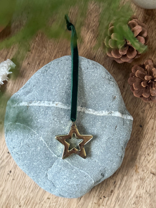 Vintage Brass Plated Decoration on Green Velvet Ribbon - Star