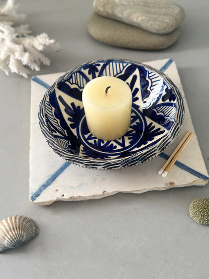 Vintage Blue & White Glazed Bowl Trinket with Lattice Detailing