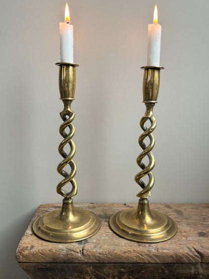 Pair of Antique Victorian Tall Solid Brass Barley Twist Candlesticks