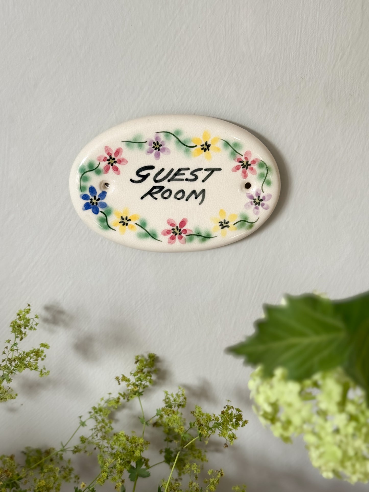 Vintage Hand-Painted Studio Pottery ‘Guest Room’ Door Plaque