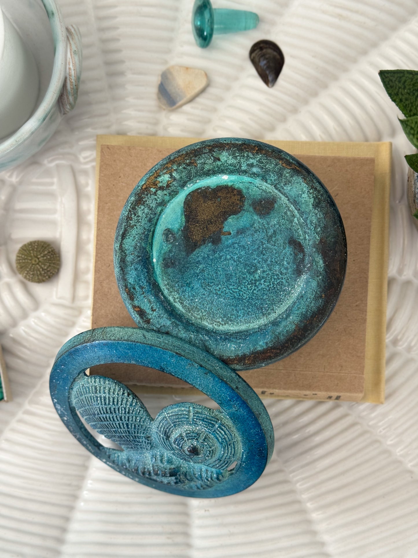 Vintage Brass Sea Shell Trinket Box with Incredible Verdigris